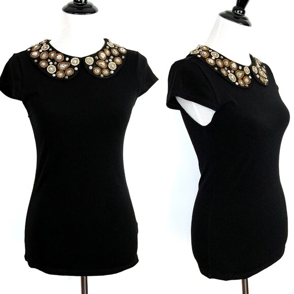 Alice + Olivia Mary Black Embellished Peter Pan Cup Sleeve Top Sz S - Picture 2 of 16